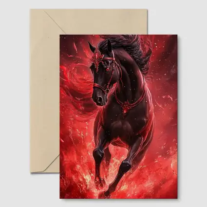Black Horse Running Through Red Flames Fantasy
