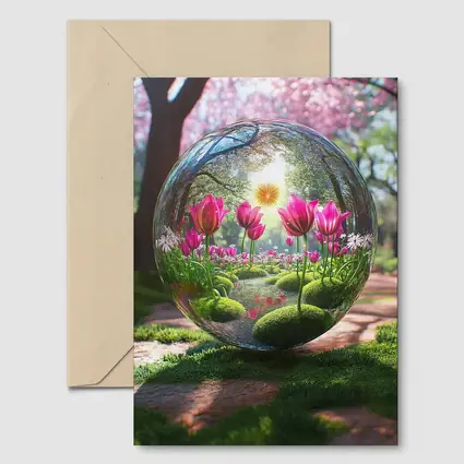 Pink Tulips Inside Glass Sphere Spring Garden