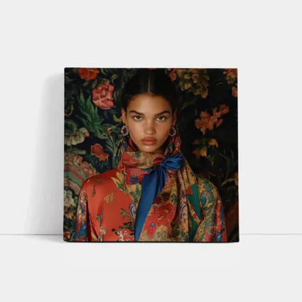 Fashion Model Floral Scarf Dark Background