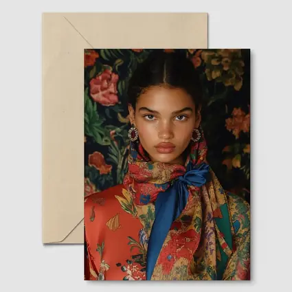 Fashion Model Floral Scarf Dark Background
