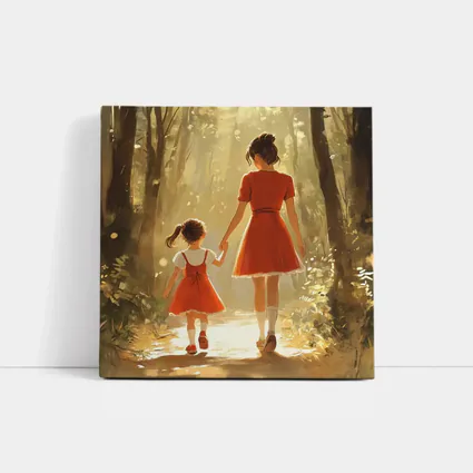 Mother Daughter Walking Forest Path Illustration