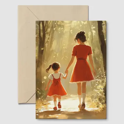 Mother Daughter Walking Forest Path Illustration