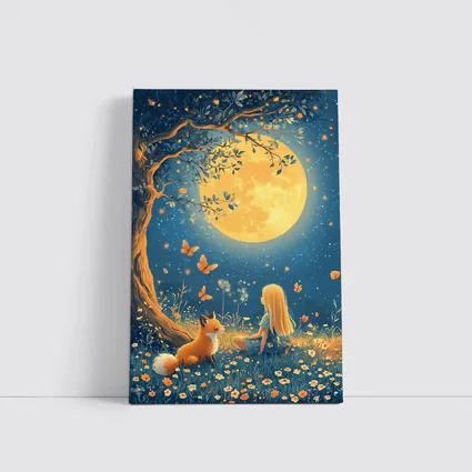 Girl and Fox Under Full Moon Night