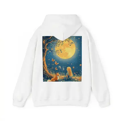 Girl and Fox Under Full Moon Night