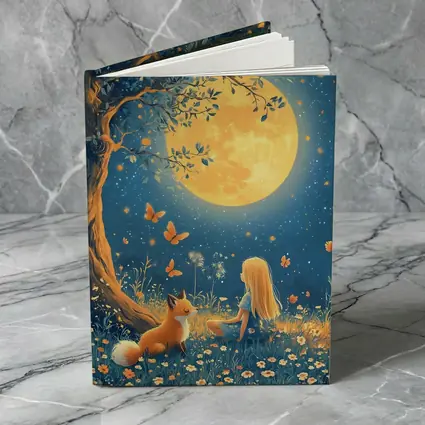 Girl and Fox Under Full Moon Night
