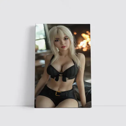 Blonde Anime Girl Black Outfit Fireplace