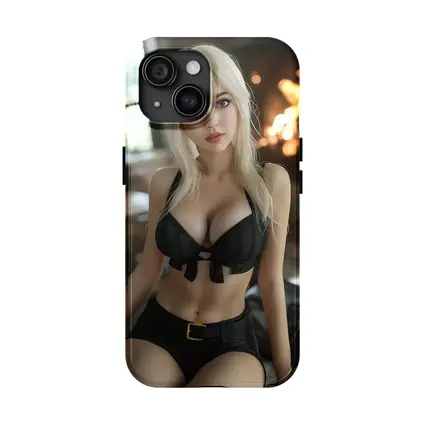 Blonde Anime Girl Black Outfit Fireplace
