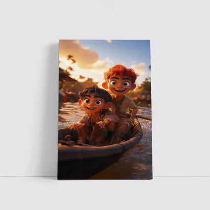 Two Cartoon Boys Riding Boat At Sunset