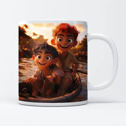 Two Cartoon Boys Riding Boat At Sunset
