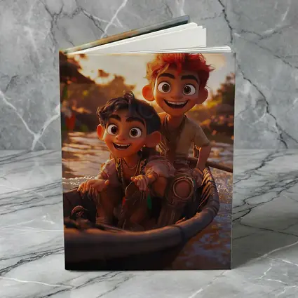 Two Cartoon Boys Riding Boat At Sunset