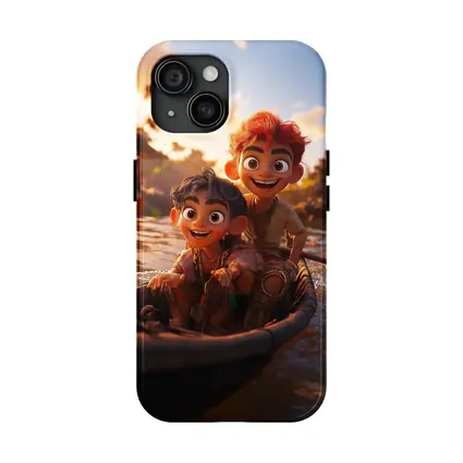 Two Cartoon Boys Riding Boat At Sunset
