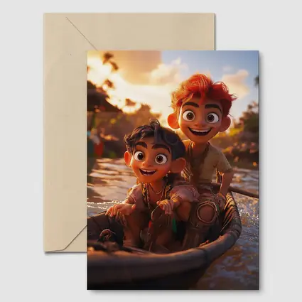 Two Cartoon Boys Riding Boat At Sunset