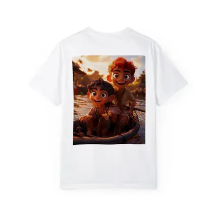 Two Cartoon Boys Riding Boat At Sunset