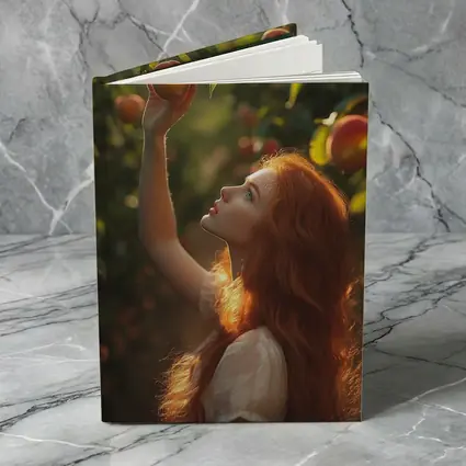 Red Hair Girl Picking Peaches Orchard