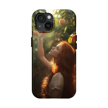 Red Hair Girl Picking Peaches Orchard