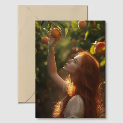 Red Hair Girl Picking Peaches Orchard