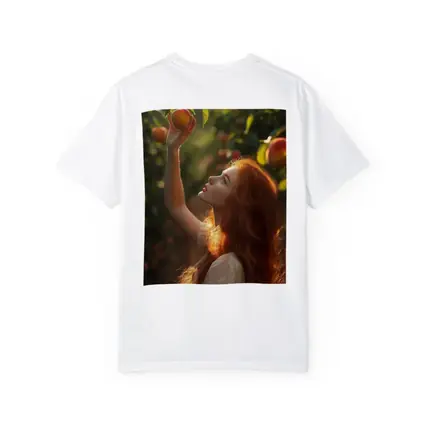Red Hair Girl Picking Peaches Orchard