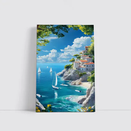 Mediterranean Coastal Cliffs Sailboats Blue Sea