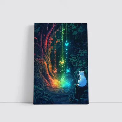 White Cat Watching Glowing Forest Fantasy Art