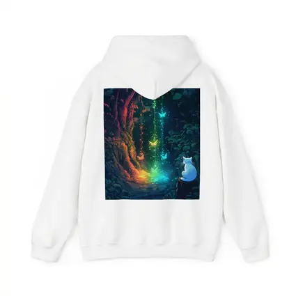 White Cat Watching Glowing Forest Fantasy Art
