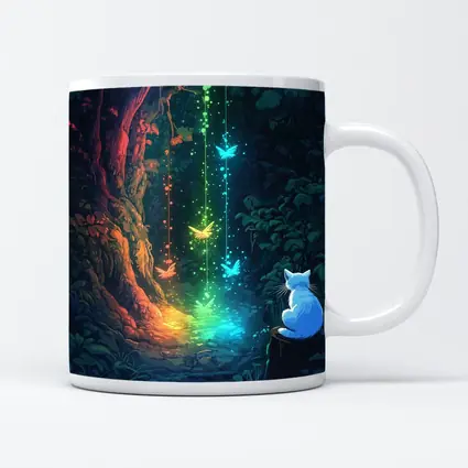 White Cat Watching Glowing Forest Fantasy Art