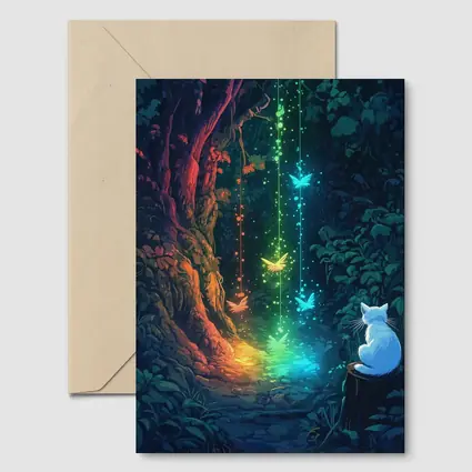 White Cat Watching Glowing Forest Fantasy Art
