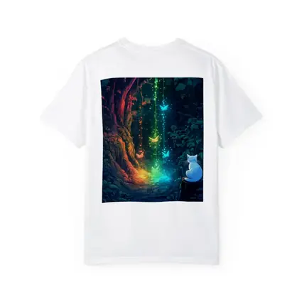 White Cat Watching Glowing Forest Fantasy Art