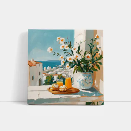 Mediterranean Breakfast Table White Flowers Ocean View