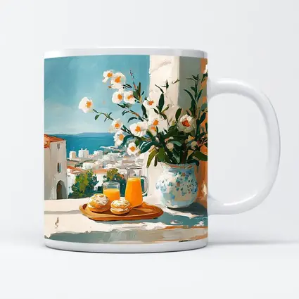 Mediterranean Breakfast Table White Flowers Ocean View