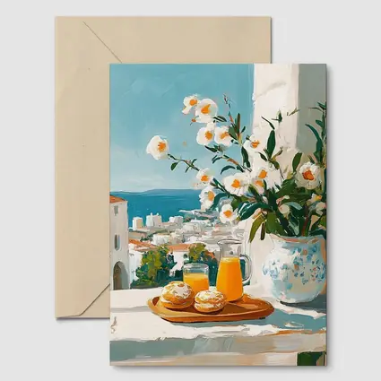 Mediterranean Breakfast Table White Flowers Ocean View