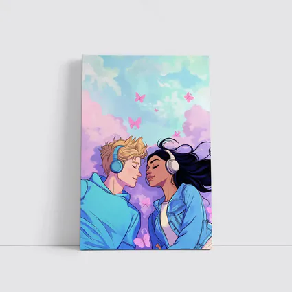 Anime Couple Headphones Pastel Sky Butterflies