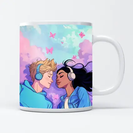 Anime Couple Headphones Pastel Sky Butterflies