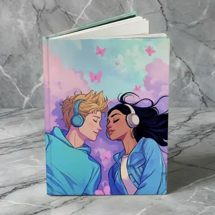Anime Couple Headphones Pastel Sky Butterflies