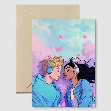 Anime Couple Headphones Pastel Sky Butterflies