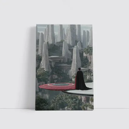 Cloaked Figure Overlooking Futuristic City Towers