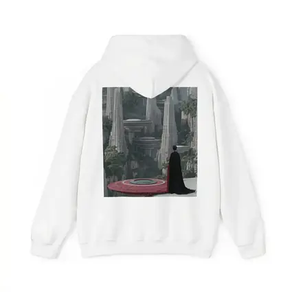 Cloaked Figure Overlooking Futuristic City Towers