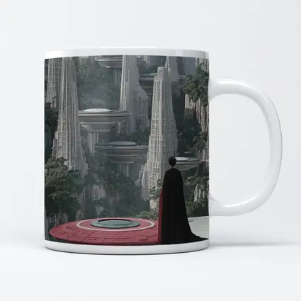 Cloaked Figure Overlooking Futuristic City Towers