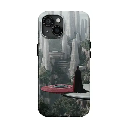 Cloaked Figure Overlooking Futuristic City Towers