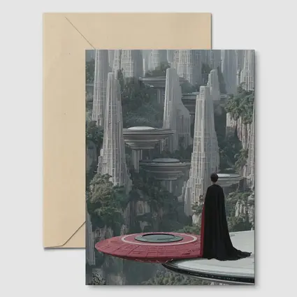 Cloaked Figure Overlooking Futuristic City Towers