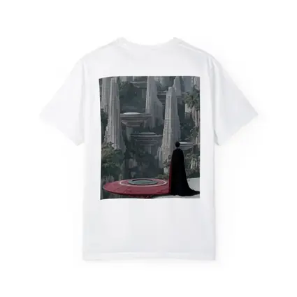 Cloaked Figure Overlooking Futuristic City Towers