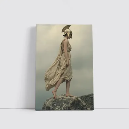 Warrior Woman Greek Helmet Standing Rocky Cliff