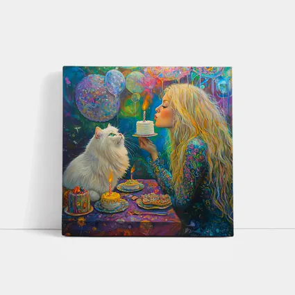 Girl Blowing Birthday Cake With White Cat