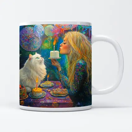 Girl Blowing Birthday Cake With White Cat