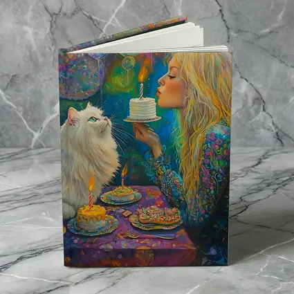 Girl Blowing Birthday Cake With White Cat