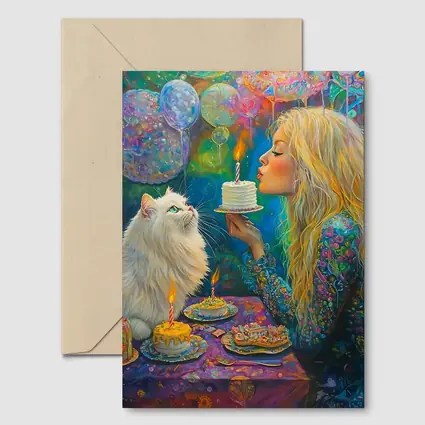 Girl Blowing Birthday Cake With White Cat