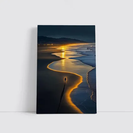 Lone Figure Walking Glowing Beach At Night