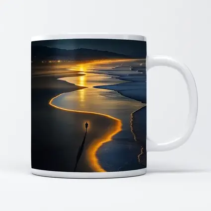 Lone Figure Walking Glowing Beach At Night