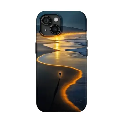 Lone Figure Walking Glowing Beach At Night