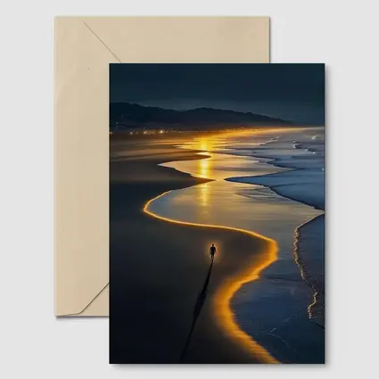 Lone Figure Walking Glowing Beach At Night