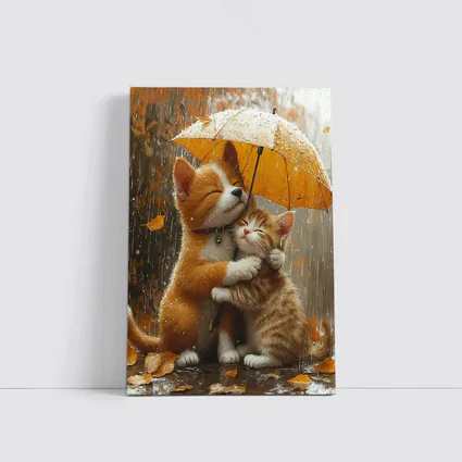 Two Orange Cats Hugging Under Yellow Umbrella